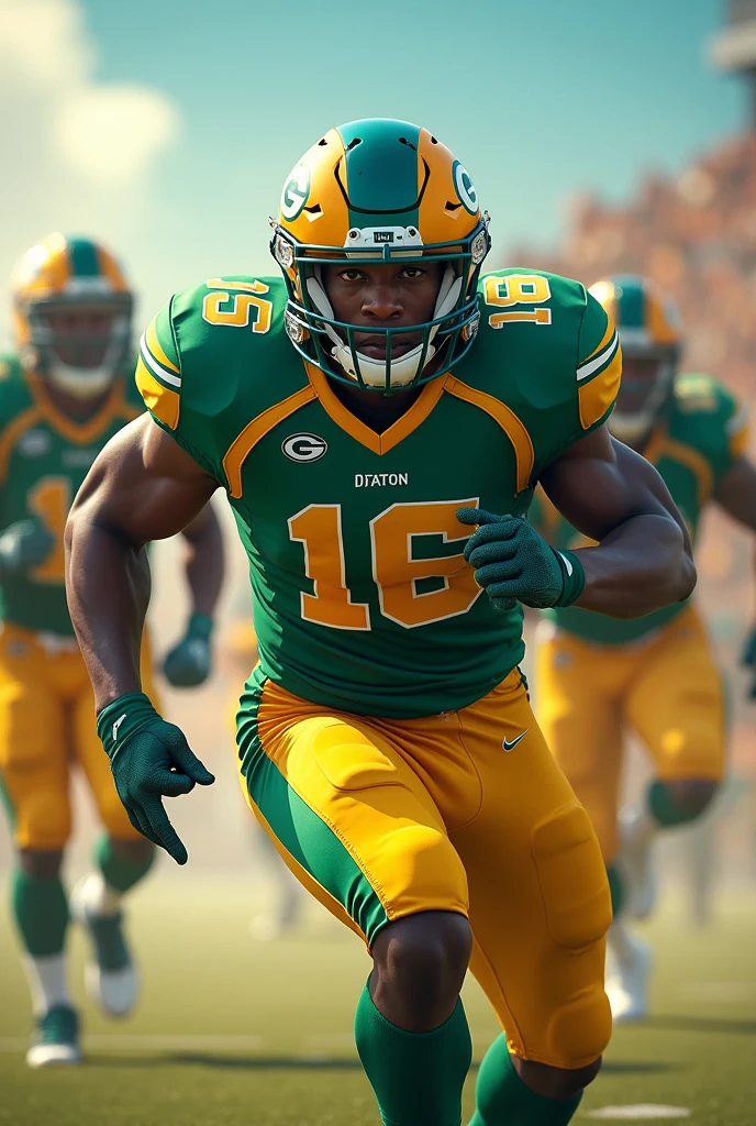 Football players with green yellow blue uniform and