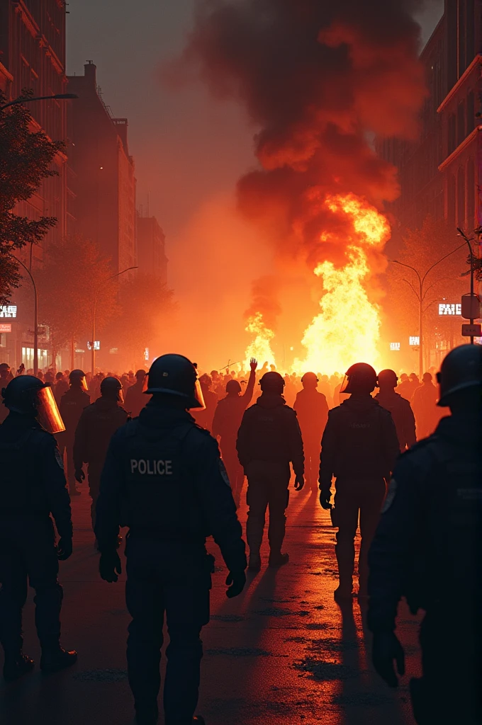 Night, fire, demontration, chaos, police, dark