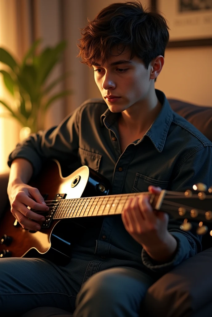 Young man medium brown hair brown eyes playing les paul black beauty on sofa 8k ultrarealistic