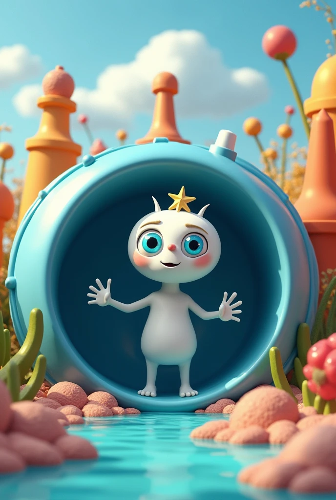 Plastic Water tank pipe with rigged white architect cartoon blue eyed