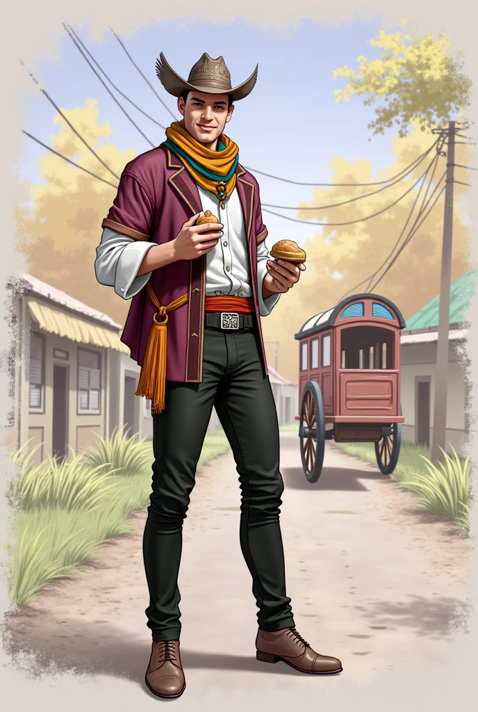 A tall, handsome young white man in a typical Paraguayan costume, a winged Varro de Cambuchi with a scarf and Paraguayan clothes and crafts. Behind him is a cart and in his hand typical Paraguayan Chipa foods are realistic.