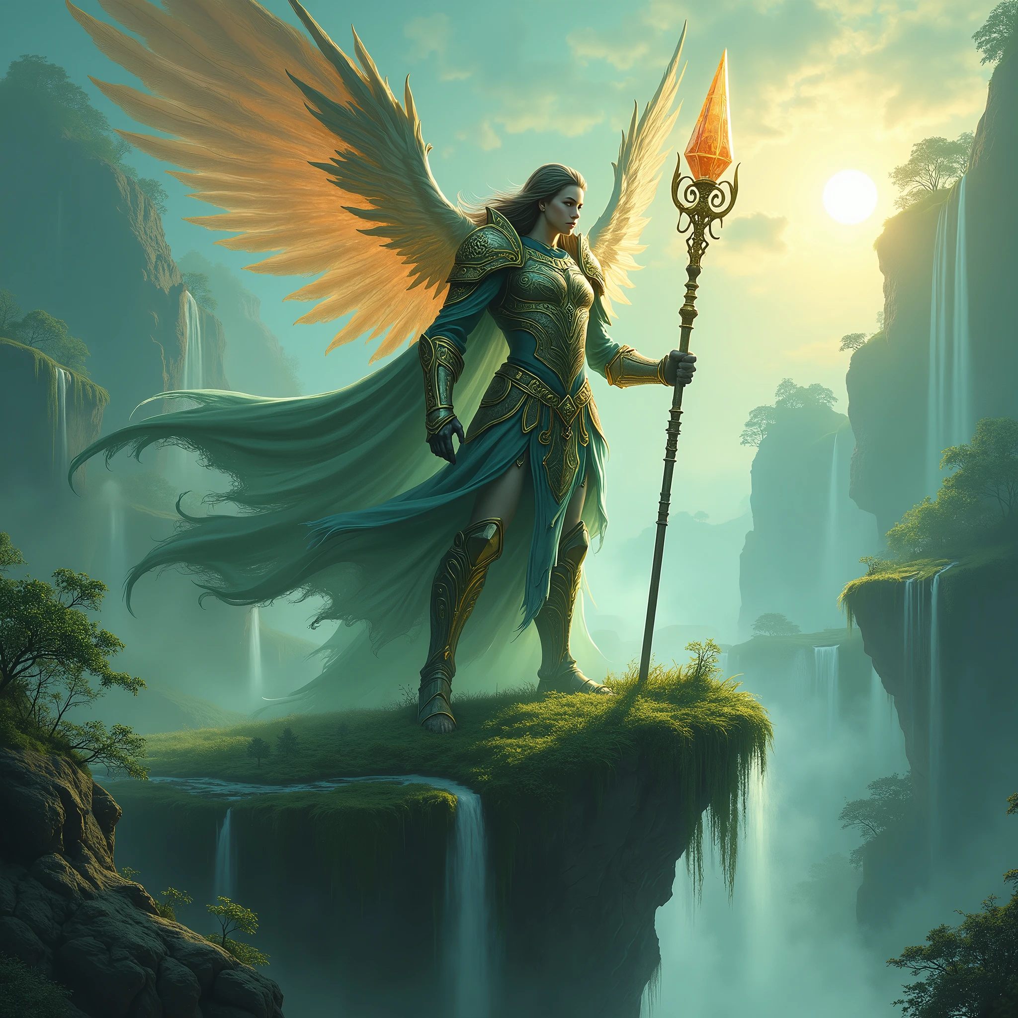 (Guardian of the Enchanted Isles:1.4), (fantasy art style:1.4), (masterpiece:1.4, best quality), (photo realistic:1.4), majestic figure standing tall on a floating island, surrounded by swirling mist and ethereal light, wearing ancient, ornate armor with glowing runes, long flowing hair that dances with the wind, (piercing gaze:1.2), (deep, reflective eyes:1.2), holding a staff that emanates a soft, radiant light, wings made of shimmering crystals that catch the light of the distant sun, (vibrant and lush landscape:1.2), (floating islands with cascading waterfalls:1.2), (mystical flora and fauna:1.2), dynamic composition with strong contrasts, rich textures, dramatic lighting, ((vivid greens:1.2)), (deep blues:1.2), (golden accents:1.2), (((complex background:1.2))), ((high-quality and detailed)), enchanting atmosphere, otherworldly beauty, captivating features, transcendent and unique, perfect image quality, powerful and serene presence
