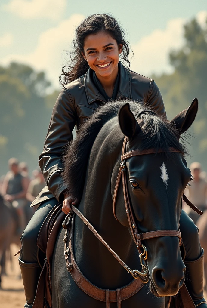 On a black horse and smiling