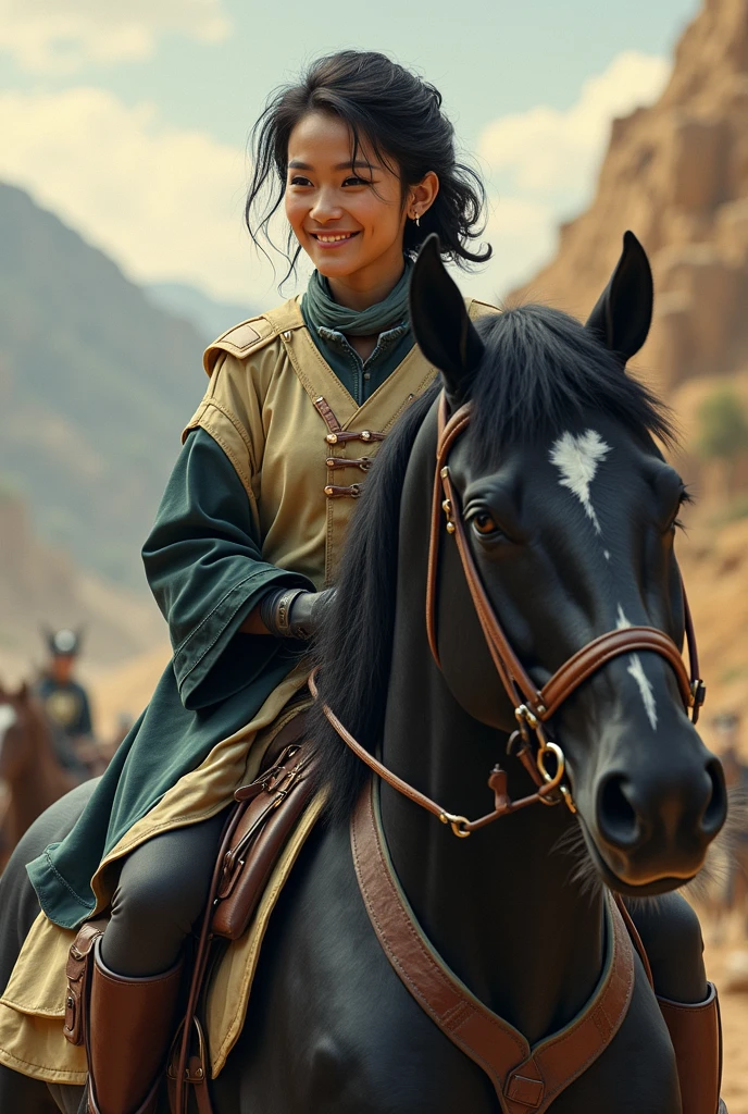 On a black horse and smiling