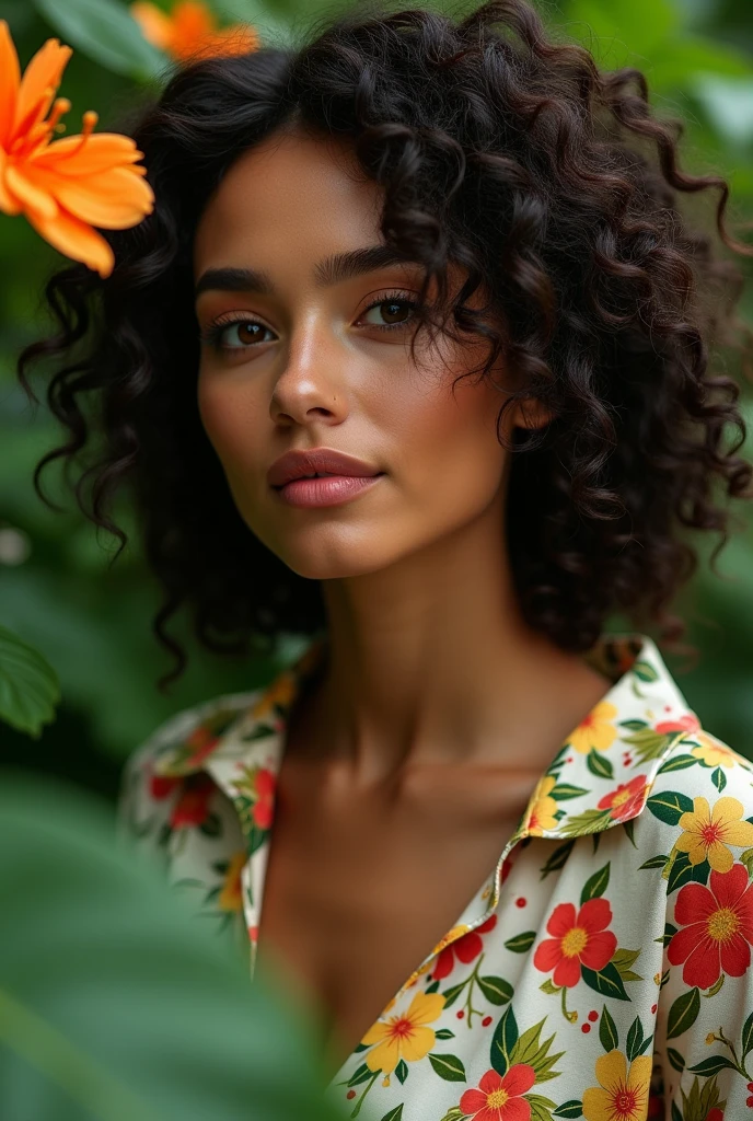 A Brazilian woman in a lush tropical garden, wearing an open shirt with a floral print, with a close-up capturing the harmonious beauty between her breasts and the natural flowers, showing off your natural charm and outgoing personality.