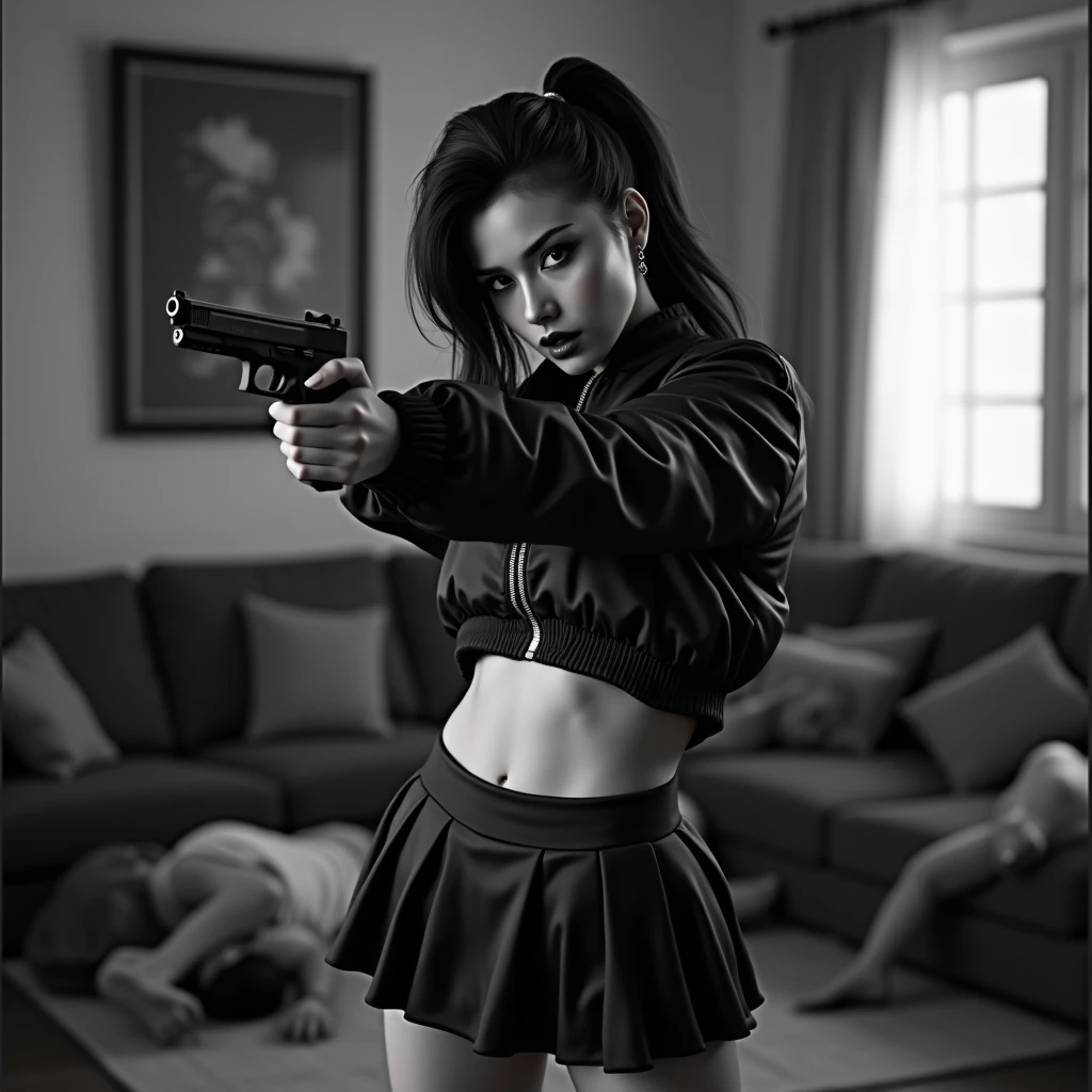 wide depth of field, wide depth of focus, f/11 lens setting, all objects in focus, woman with pistol, holding glock pistol, living room background, full body image, black and white short cropped soft shiny satin bomber jacket, zipped up jacket, pleated shiny satin mini skirt, woman posing with a pistol ,,pistol in one hand, pure form, intricate details, 8K post-production, high resolution, super detailed, Popular topics on Artstation,, Studio photos, intricate details, Very detailed, several unconscious men lay on the floor in the background