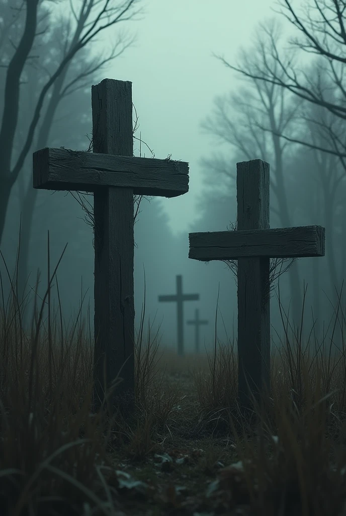 Very dark photo of two simple old cracked wooden crosses in tall grass, in the background there is a deciduous forest , everything is in gothic style