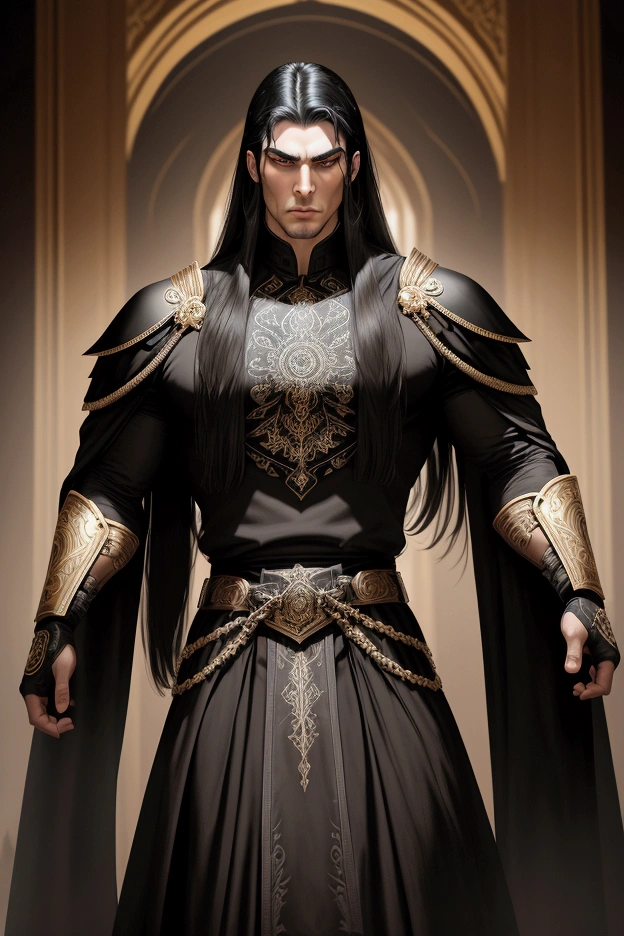 A portrait of a tall, imposing man with white pale skin and finely chiseled, angular features. His long, straight black hair falls elegantly over his shoulders, silky and glossy. He has dark, piercing eyes that exude a cold, calculating presence, framed by defined eyebrows. He wears ostentatious black clothing, intricately detailed with golden embroidery in ornate Orite patterns. He carries a pair of finely ornamented, high-quality daggers at his side, and a matching large claymore strapped to his back. His demeanor is serious and intimidating, with a quiet and commanding presence that suggests both determination and egoism. The background is a dimly lit, ancient fortress, with shadows highlighting his formidable stature.