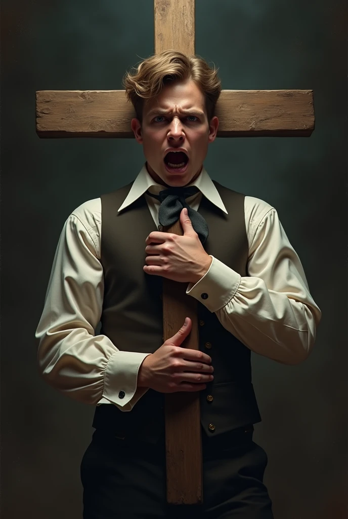 19 year old man scared, clinging to a cross in 19th century clothing