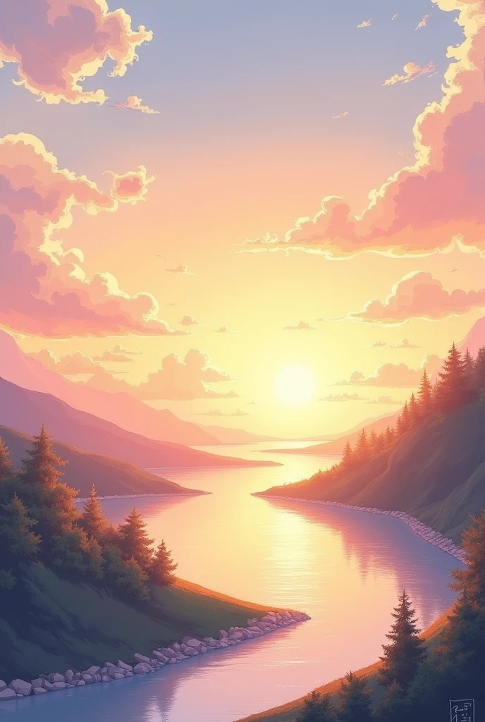 Draw a sketch of a sunset serine with a caption calm