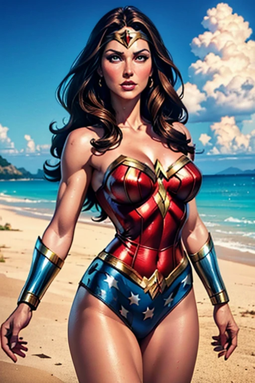 1girl, lynda carter as wonder woman, iconic 1970s costume, standing on paradise island, detailed portrait, highly detailed face, penetrating eyes, detailed costume, elaborate accessories, dramatic lighting, cinematic, epic, colorful, vivid colors, dramatic composition, (best quality,4k,8k,highres,masterpiece:1.2),ultra-detailed,(realistic,photorealistic,photo-realistic:1.37)
