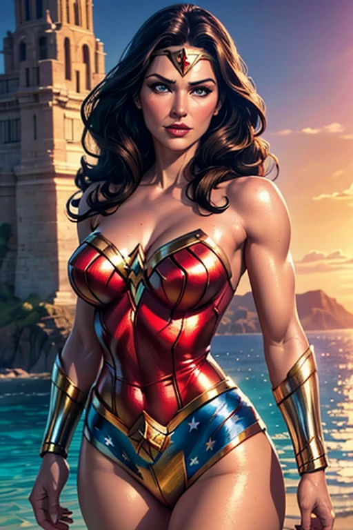 1girl, lynda carter as wonder woman, iconic 1970s costume, standing on paradise island, detailed portrait, highly detailed face, penetrating eyes, detailed costume, elaborate accessories, dramatic lighting, cinematic, epic, colorful, vivid colors, dramatic composition, (best quality,4k,8k,highres,masterpiece:1.2),ultra-detailed,(realistic,photorealistic,photo-realistic:1.37)