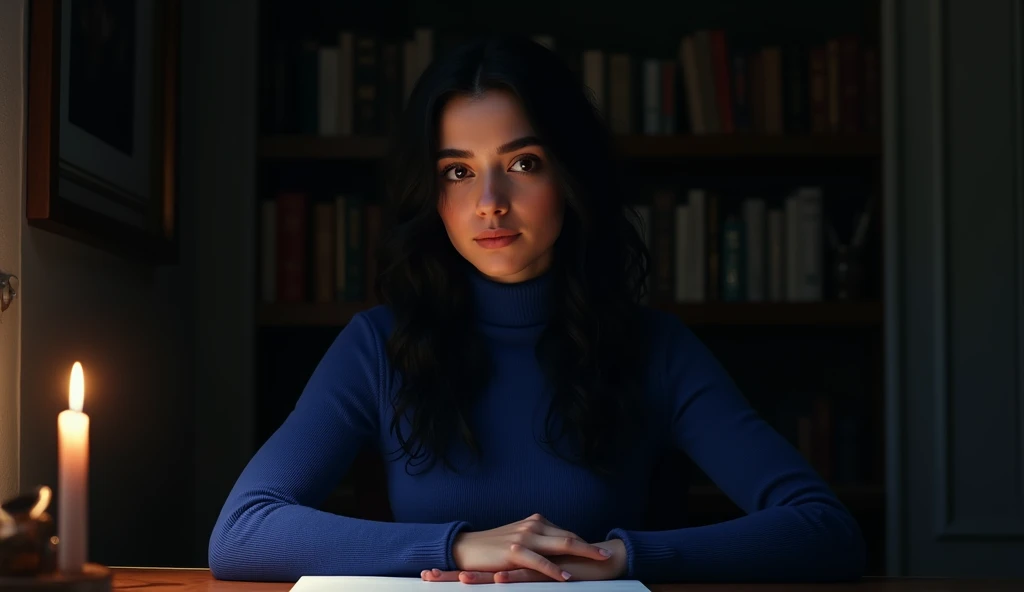 Young woman of 2, black hair with falling waves, hazel eyes, Pale skin, soft features, europea, calm expression, Royal blue turtleneck long sleeve sweater, looking to the camera, dark background room, Two types of lighting, sitting behind a desk with a lit candle. 