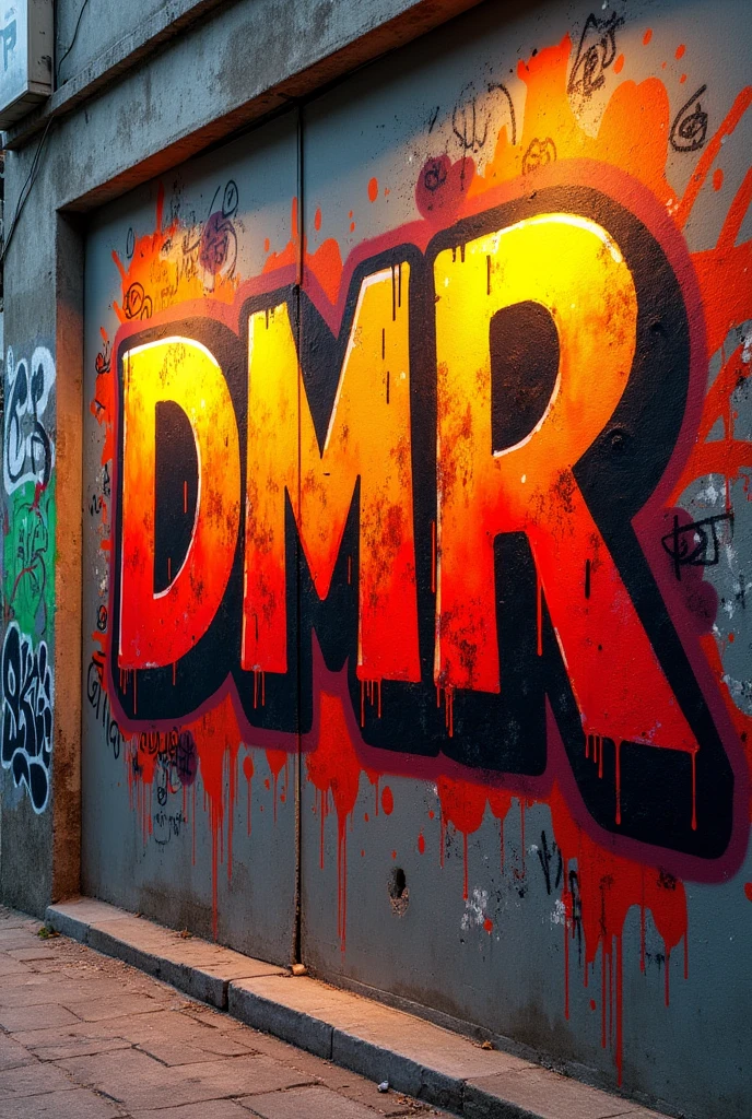 WALL GRAFFITIED WITH THE WORD "DMR" WITH THE COLORS ORANGE AND RED, WARMEST COLORS, BECO, substance, garfite, 8k, GRAFFITIER, inking, SPRAY, cannabis, marihuana