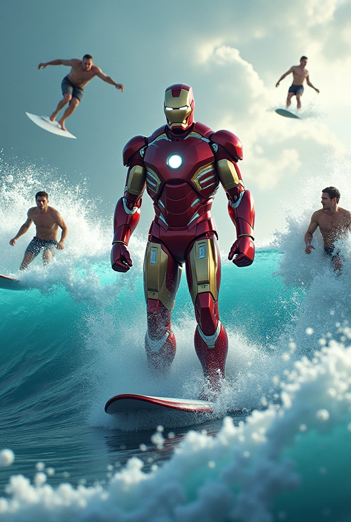 (Highly detailed CG Unity 16k wallpaper:1.1), (Noise Reduction Strength: 1.45), (masterpiece:1.37), Iron Man, Surfers wander the Waves with wide surfboards, Diamonds replace water/Wave, Attention to detail,Vision