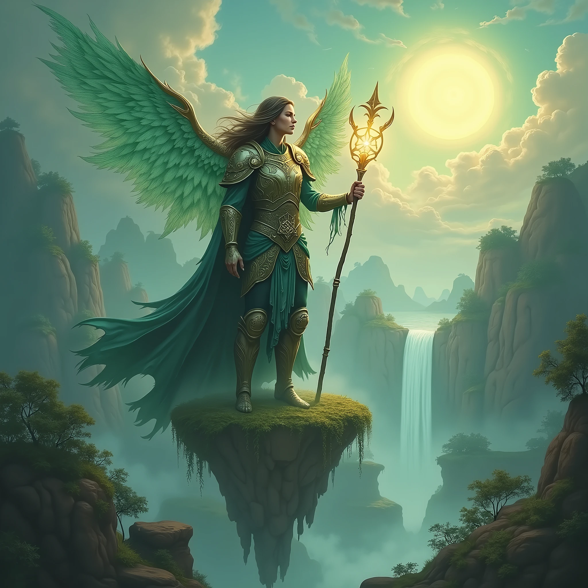 (Guardian of the Enchanted Isles:1.4), (fantasy art style:1.4), (masterpiece:1.4, best quality), (photo realistic:1.4), majestic figure standing tall on a floating island, surrounded by swirling mist and ethereal light, wearing ancient, ornate armor with glowing runes, long flowing hair that dances with the wind, (piercing gaze:1.2), (deep, reflective eyes:1.2), holding a staff that emanates a soft, radiant light, wings made of shimmering crystals that catch the light of the distant sun, (vibrant and lush landscape:1.2), (floating islands with cascading waterfalls:1.2), (mystical flora and fauna:1.2), dynamic composition with strong contrasts, rich textures, dramatic lighting, ((vivid greens:1.2)), (deep blues:1.2), (golden accents:1.2), (((complex background:1.2))), ((high-quality and detailed)), enchanting atmosphere, otherworldly beauty, captivating features, transcendent and unique, perfect image quality, powerful and serene presence
