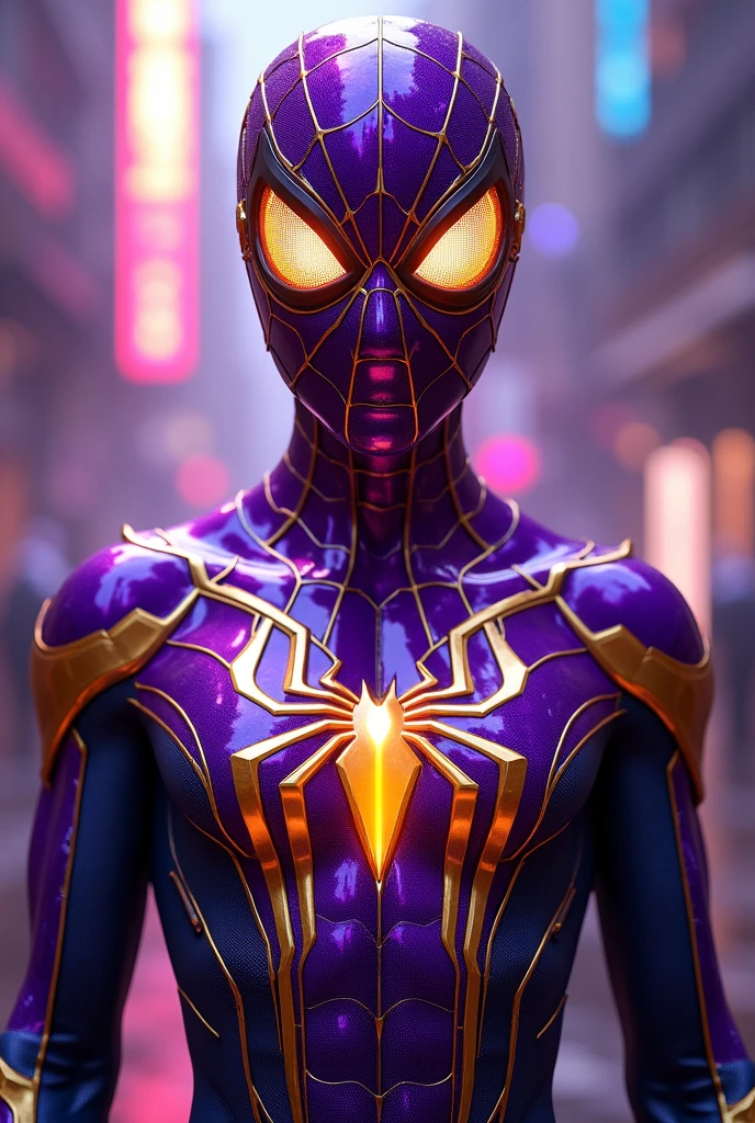 Purple spider man glossy finished costume with gold lines glowing lights showing penis eyes light glowing