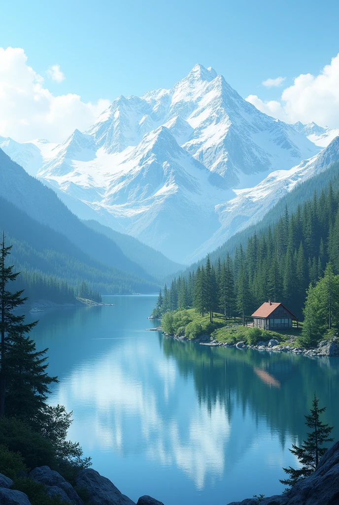 landscape with many small
 snow mountains in the back a lake in the middle , forest, house
