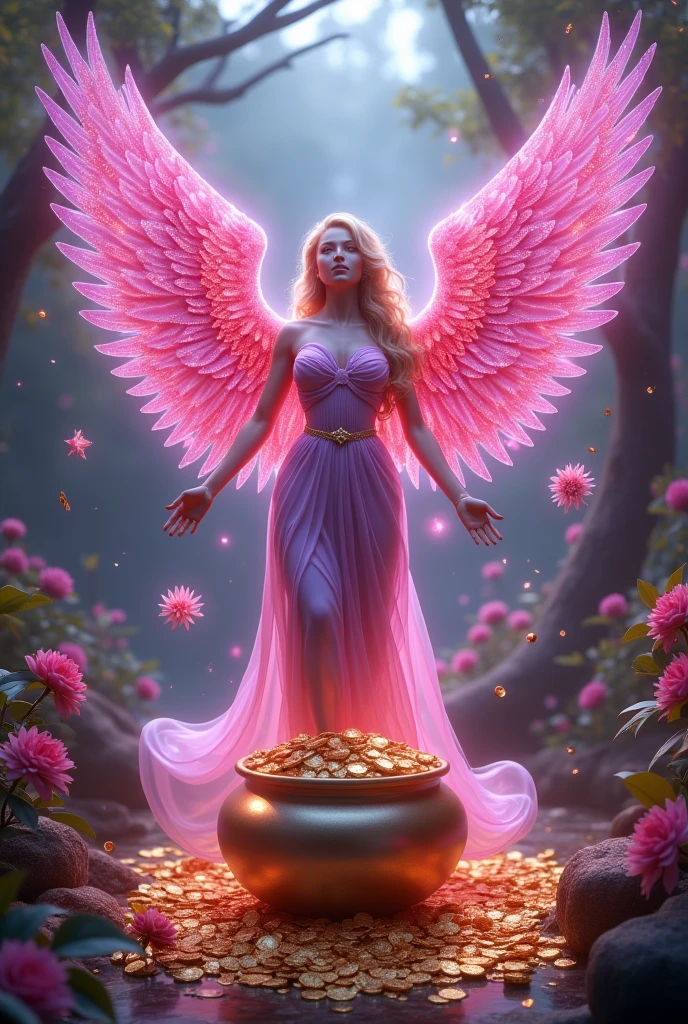 (Photorealism:1.2) a purple red angel, with wings full of Rubies and a big pot of gold , in a jasmine garden