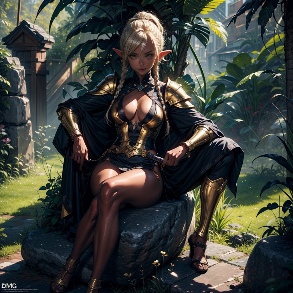 1girl, (solo), elf, short braids hair, gold hair, long pointed ears, (gold eyes), smile, arrogant, small breasts, tanned skin, gold armor, sword planted, sitting on a rock, jungle behind, medieval japanese town, (days), (very sexy body, detailed face, detailed eyes, masterpiece, highly detailed, 8k, best quality, vibrant colors, digital art, concept art)