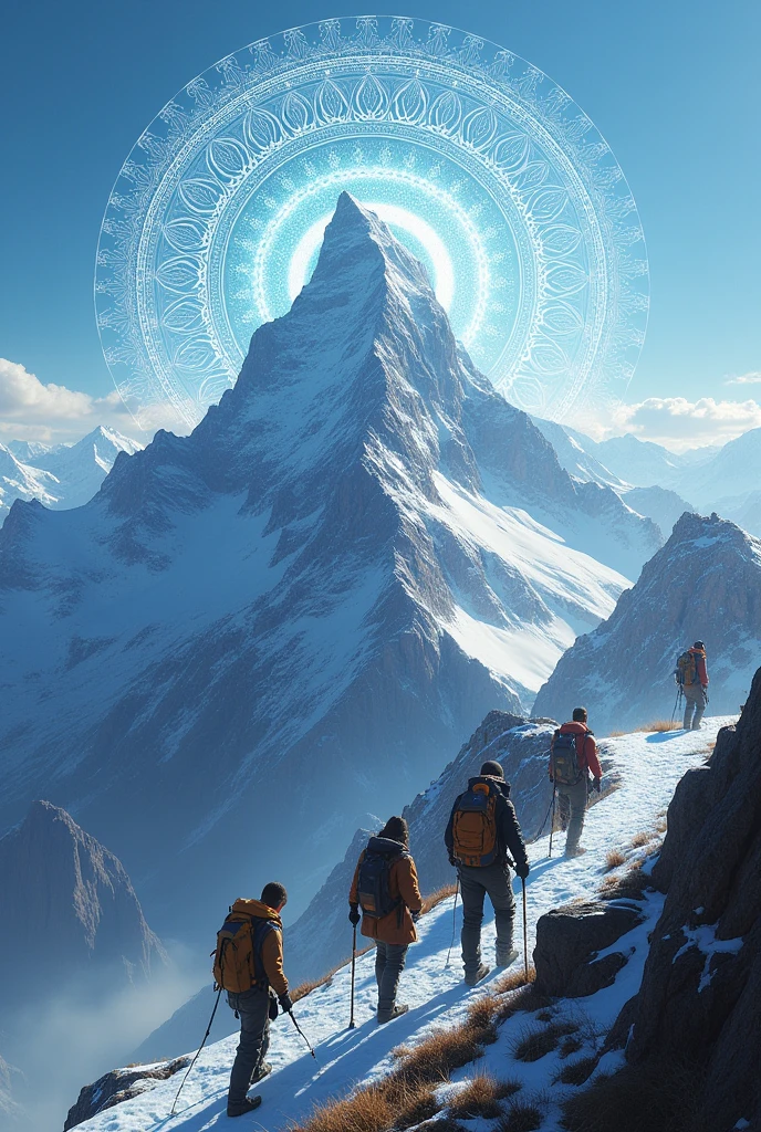 People climbing towards the top of a mountain with mandalas in the background