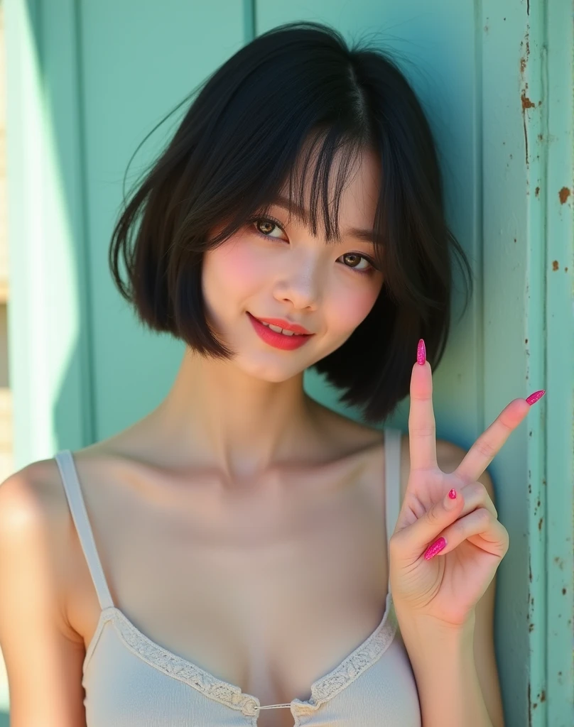 RAW photo, best quality, masterpiece, ((photorealistic)), Polish girl, 20 years old, black hair, Light grey eyes, short bob cut, hair in 7 thirds, hair over one ear, Symmetrical eyes, Detailed Skin, Detailed face, Detailed hands, Big Breasts, rip gloss, Photographed in front of a stylish pastel-colored exterior wall, smiling, eyes closed, peace sign, upper body, sunny, outdoors, detailed background, sparkling pink gel nails