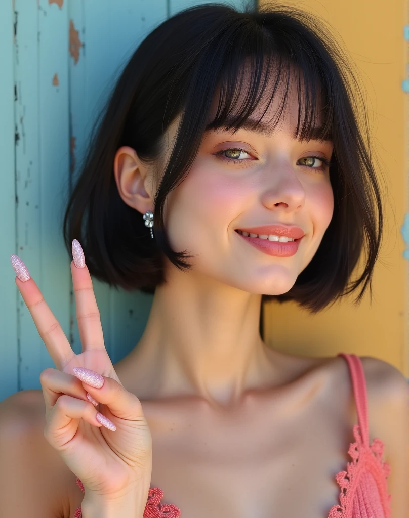 RAW photo, best quality, masterpiece, ((photorealistic)), Polish girl, 20 years old, black hair, Light grey eyes, short bob cut, hair in 7 thirds, hair over one ear, Symmetrical eyes, Detailed Skin, Detailed face, Detailed hands, Big Breasts, rip gloss, Photographed in front of a stylish pastel-colored exterior wall, smiling, eyes closed, peace sign, upper body, sunny, outdoors, detailed background, sparkling pink gel nails