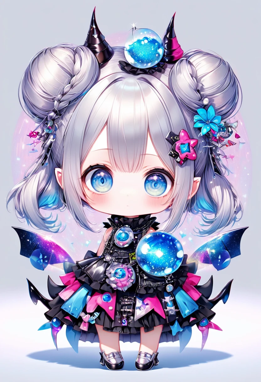 fantasy world that combines flower-punk and gem-punk, kawaii, cute magical girl, silver two side twin bun silky straight with blunt bang, cute lazy look, blue big eyes, glamorous proportions, wearing magical girl costume with a large opening at the chest, background distorted space from another dimension, cute little devils, conceptual installation art, (ultra detailed, absolutely resolution, best quality:1.3), 2.5D, delicate and dynamic effects, foggy filter effects, iridescent glitter effects, artistic, hyper, graphic CG digital fantasy art