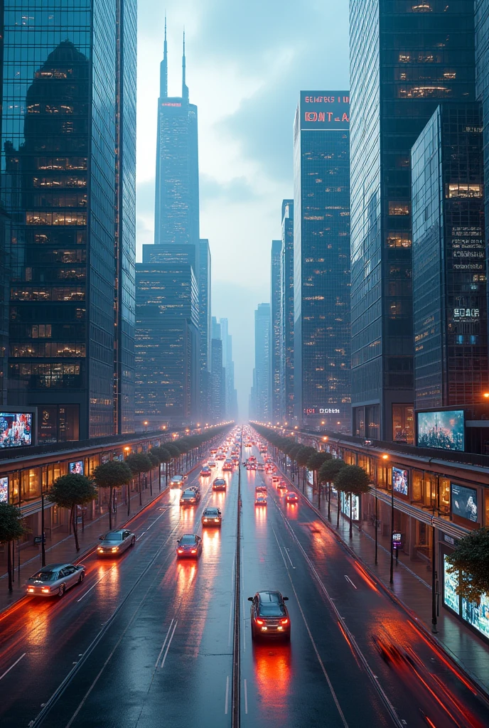 Futuristic business district in the near future, where recent global events have led to significant changes in urban design. Tall glass buildings are now covered with solar panels due to new environmental regulations. The city is illuminated by neon lights and dynamic digital billboards that update in real-time with current global news. Streets are paved with innovative materials that capture and utilize solar energy. Autonomous vehicles and drones move along smart pathways that adapt to traffic. The architecture is in a modern style with a focus on sustainability and technology. The image should be in high resolution (4K or higher) and show a wide view of this transformed business district, highlighting the new ecological and technological innovations resulting from recent world events.