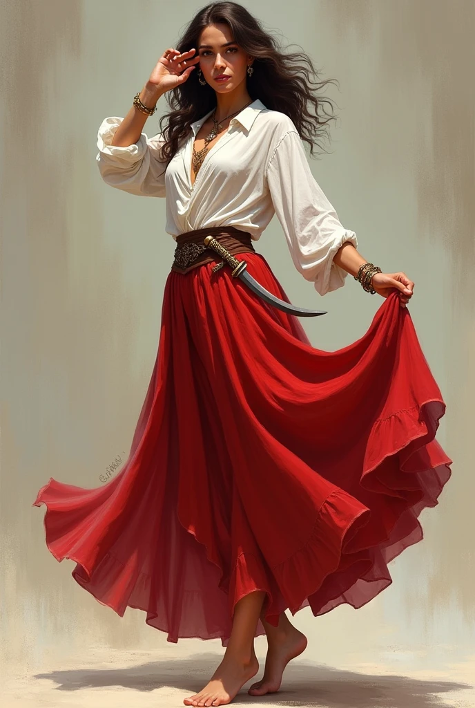 an authoritarian gypsy woman, she wears a white long sleeved blouse, smooth and simple, with a long red skirt, show your whole body, She is brunette, and the cloth in the hair is a red cloth, she has a small dagger at her waist the dagger is covered by a protective cover, a gypsy ring on her fingers and a small golden bracelet, she wears bare feet SHE DOESN'T WEAR NECKLACES OR EARRINGS and she dances with one hand holding her skirt and the other hand very close to her ear