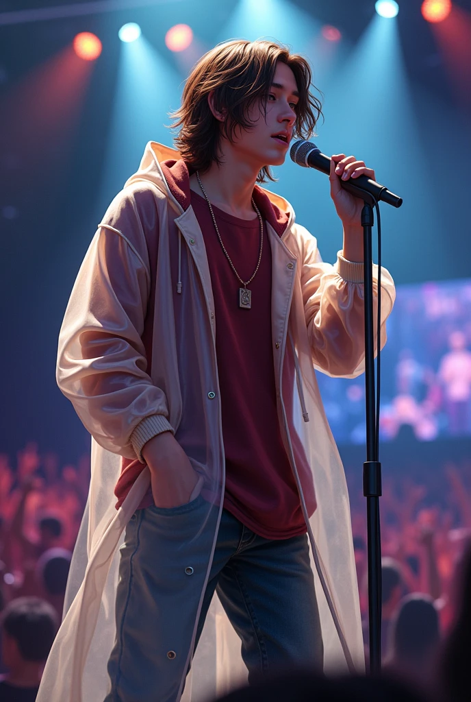 artwork best quality handsome male ager long brown hair light skin with transparent hooded raincoat long sleeve wine shirt underneath singing holding a microphone seen from afar at a concert with details uhq details
