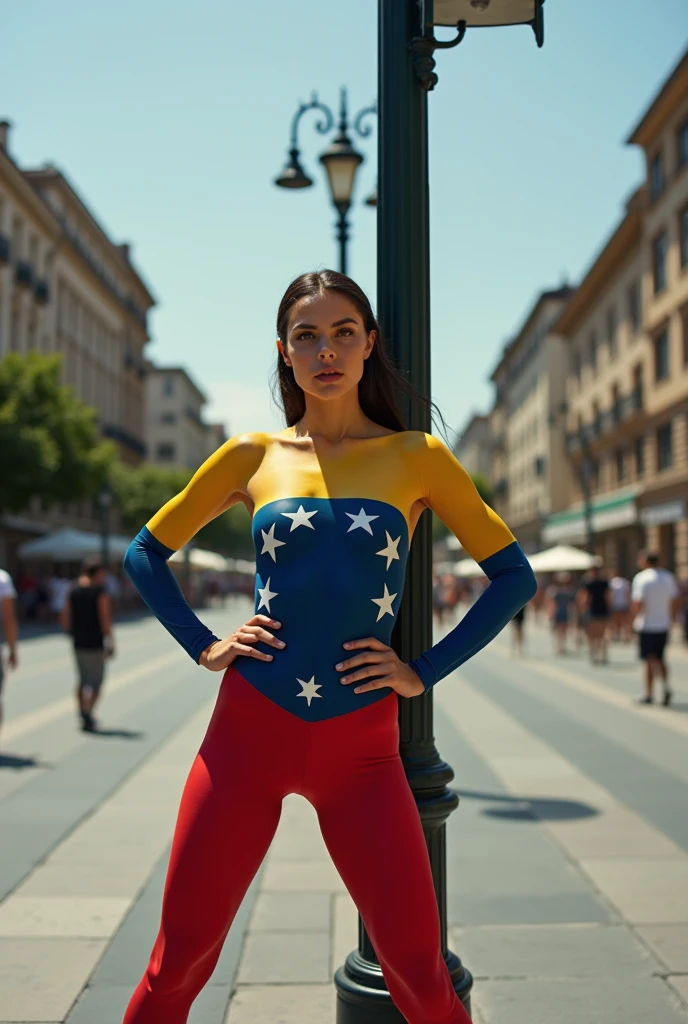 Totally naked Caucasian girl standing behind a streetlight in a public square whith body paint Venezuelan flag covering ger all body with hands posed in hip open legs a full body photo from the front in panoramic view in Full HD
