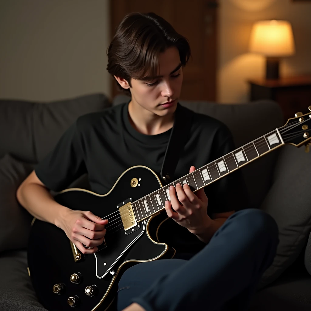 Young man medium brown hair brown eyes playing les paul  black beauty on sofa 8k ultrarealistic 