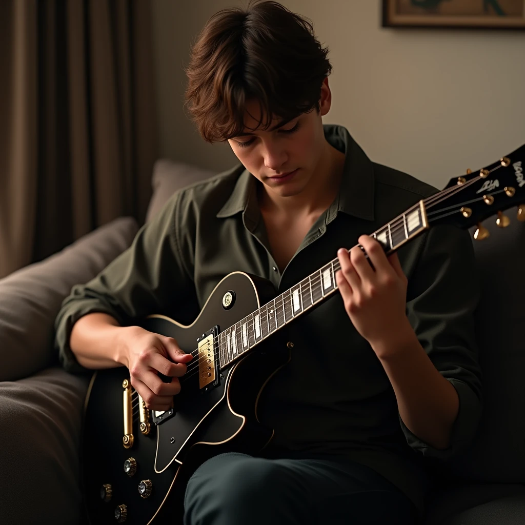 Young man medium brown hair brown eyes playing les paul  black beauty on sofa 8k ultrarealistic 