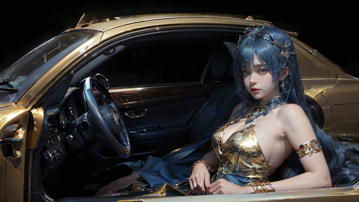 (from luxury car :1.5)，Oil painting style,The girl is on the other side,,Gold headdress，(Blue medium hair:1.2)，Late Night,(Blue cheongsam:1.2),(Metal:1.2),(Fat Face:1.2),(Upper body:1.),(Blue armlet:1.1),Crimson lips,With bang,(from a car:1.5)