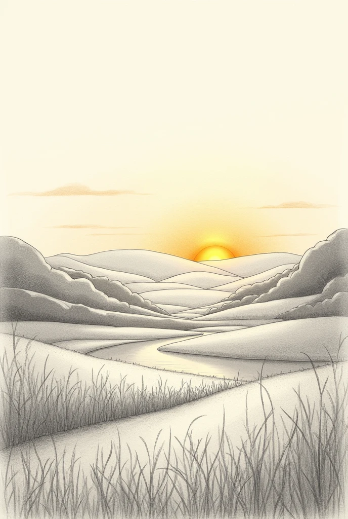 Draw a pencil sketch of a sunset serine with a caption calm
