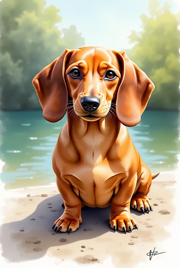 Realistic colorful watercolor dachshund painting