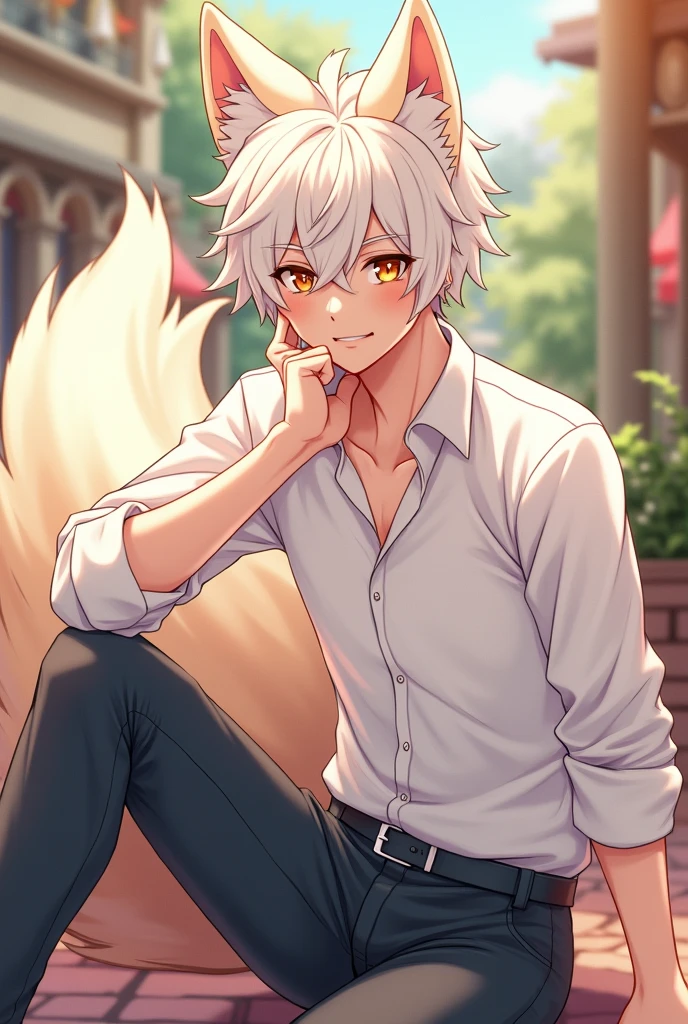White haired boy 20 to 26 with amber eyes, with fox ears and tail, with a kind older brother personality, quite masculine but cute in anime style
