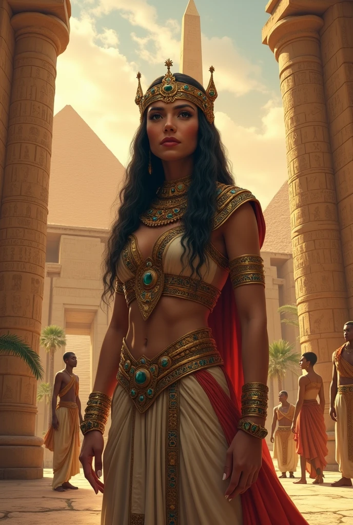 Background depicting Cleopatra as a queen and realistic Egyptian culture with landscapes