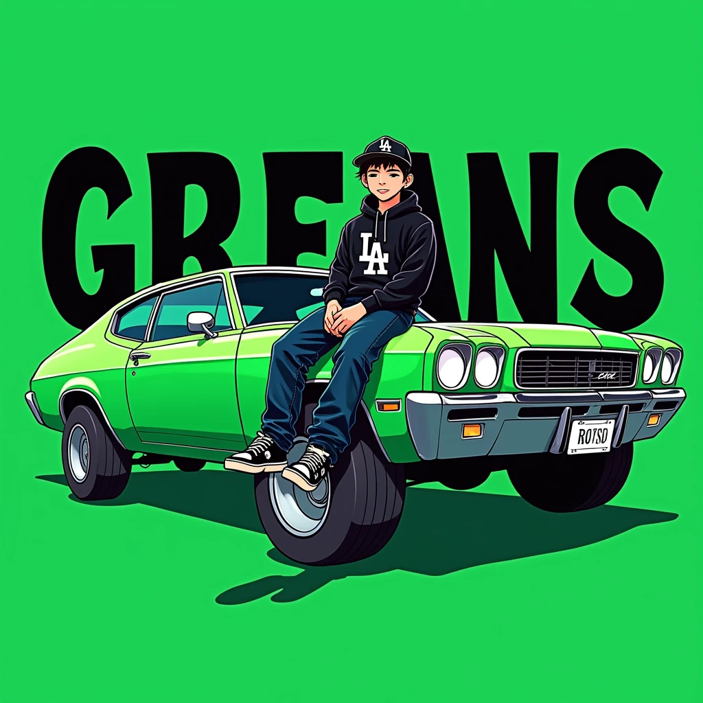 G-FUNK Hip Hop album cover, green background, green car, with the words If WONA behemes a gangster on the back of the painting, an Asian teenager wearing a black LA hoodie, a black LA ball cap with a deep press and a wide blue jeans, a troublemaker sits on the bonnet of a car and lets the car out to the side, lift the front wheel of the car like a cartoon