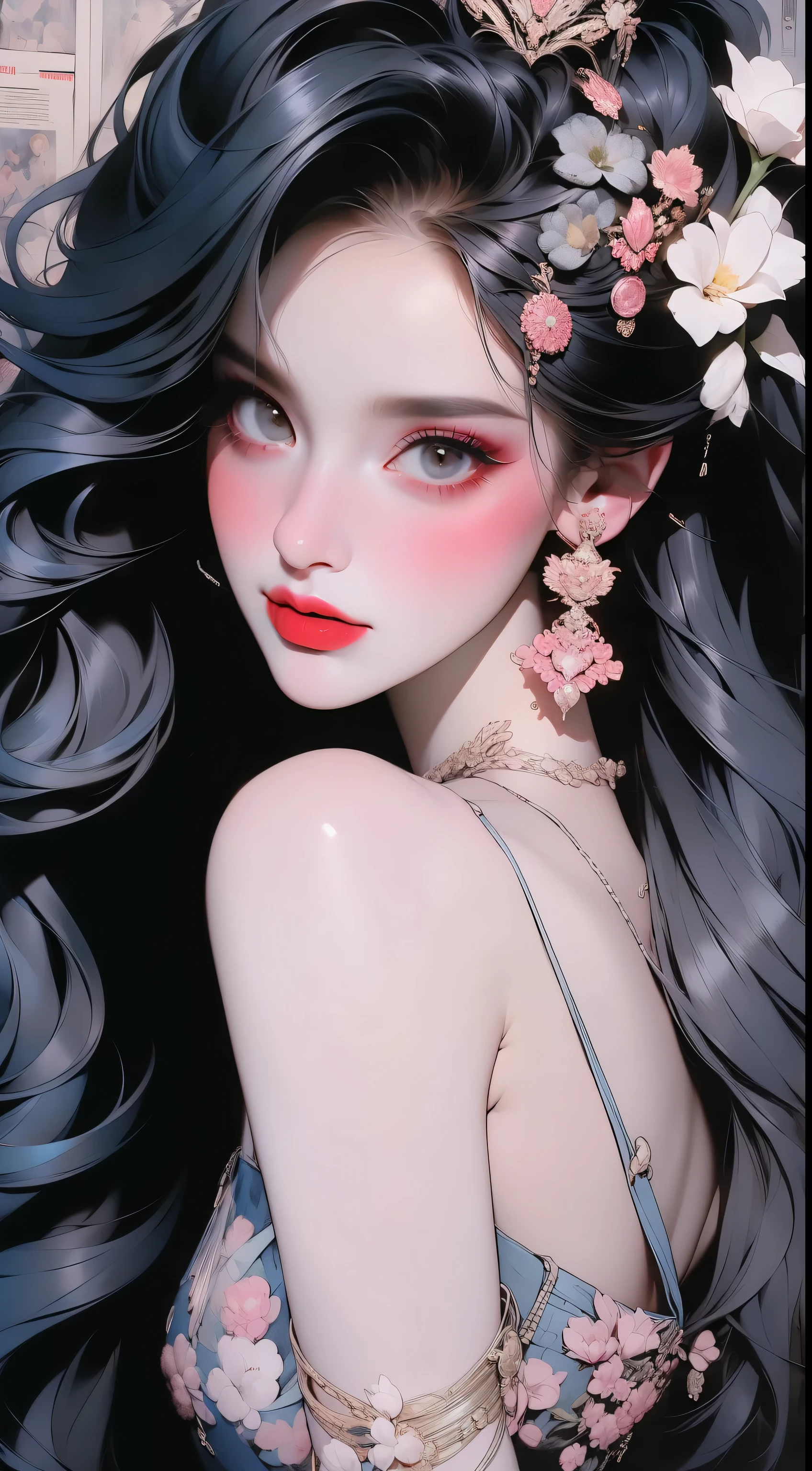 Create a digital art work in pop art style, featureing a vibrant and confident woman with bold makeup and colorfull fashion, cinematic color scheme, surrounded by vintage flowers patterns, energtic brushstrokes,the mood should be dynamic, upper body, drawing, illustration, grayscale
