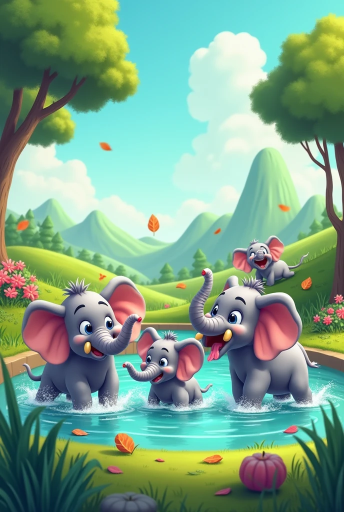 Generate a cartoon image of 5 elephant playing in park