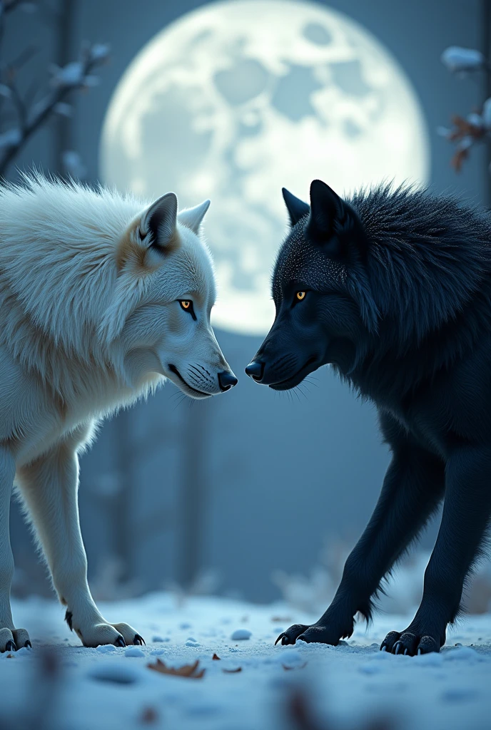 Two huge wolves, one white and one black, separated by a season, the white wolf for winter and the black wolf for autumn. both looking at each other and about to attack. In the background a bright moon rising in all its splendor