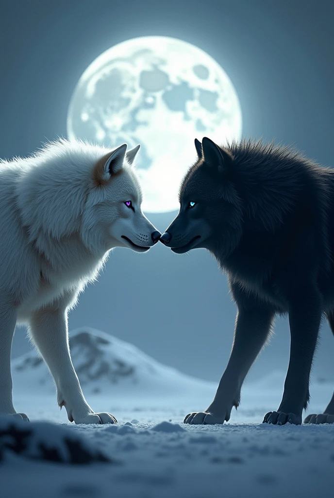Two huge wolves, one white and one black, separated by a season, the white wolf for winter and the black wolf for autumn. both looking at each other and about to attack. In the background a bright moon rising in all its splendor