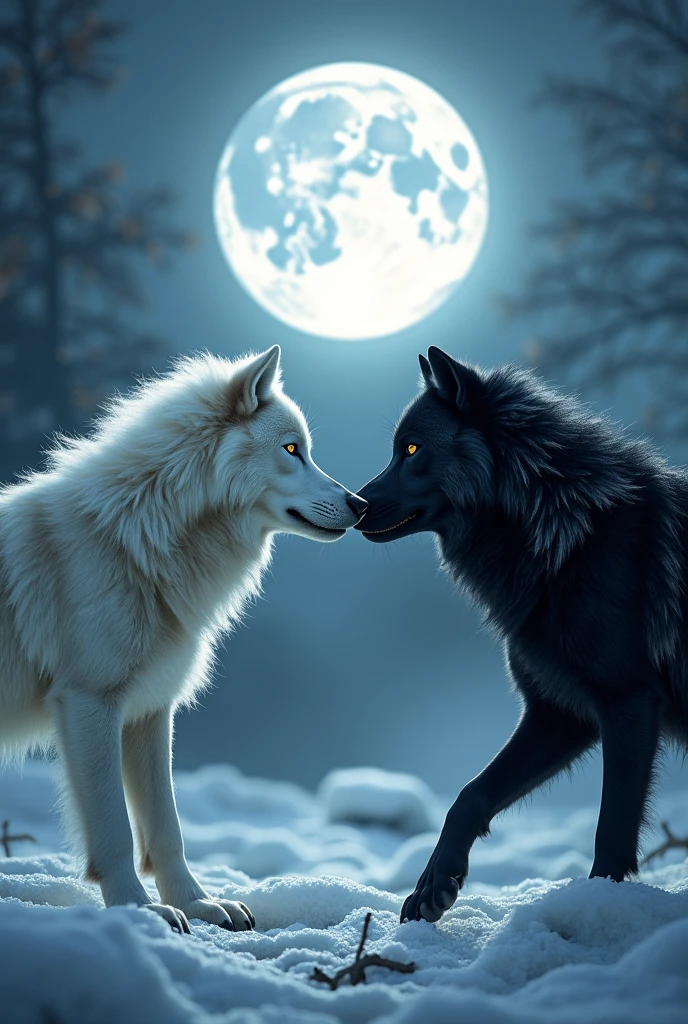 Two huge wolves, one white and one black, separated by a season, the white wolf for winter and the black wolf for autumn. both looking at each other and about to attack. In the background a bright moon rising in all its splendor