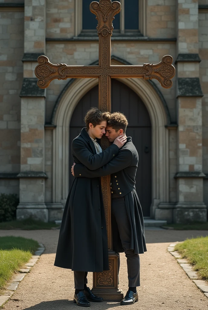 19-year-old man hugging a cross outside a church in 19th-century clothing