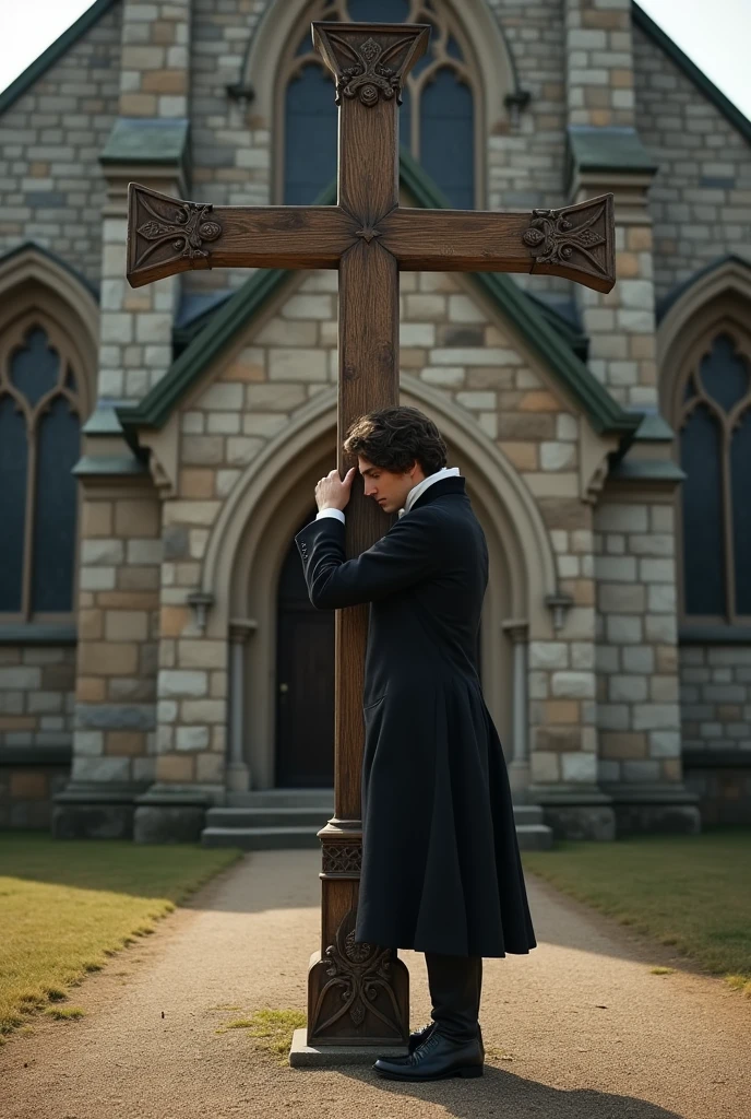 19-year-old man hugging a cross outside a church in 19th-century clothing