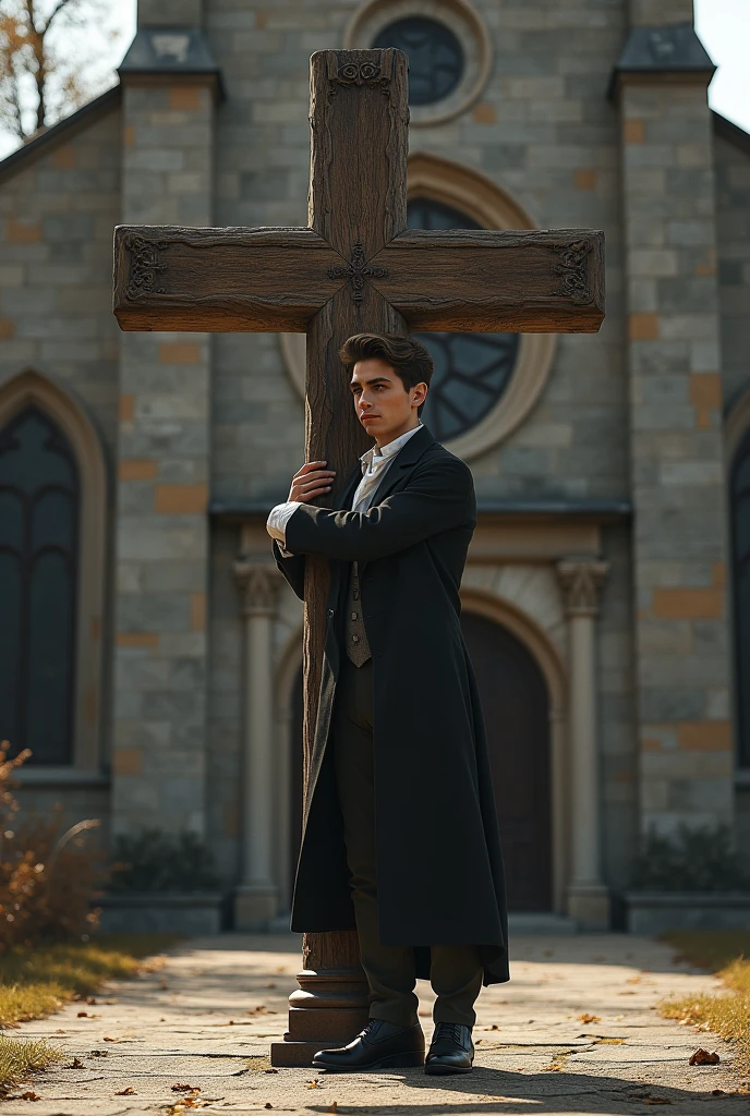 19-year-old man hugging a cross outside a church in 19th-century clothing