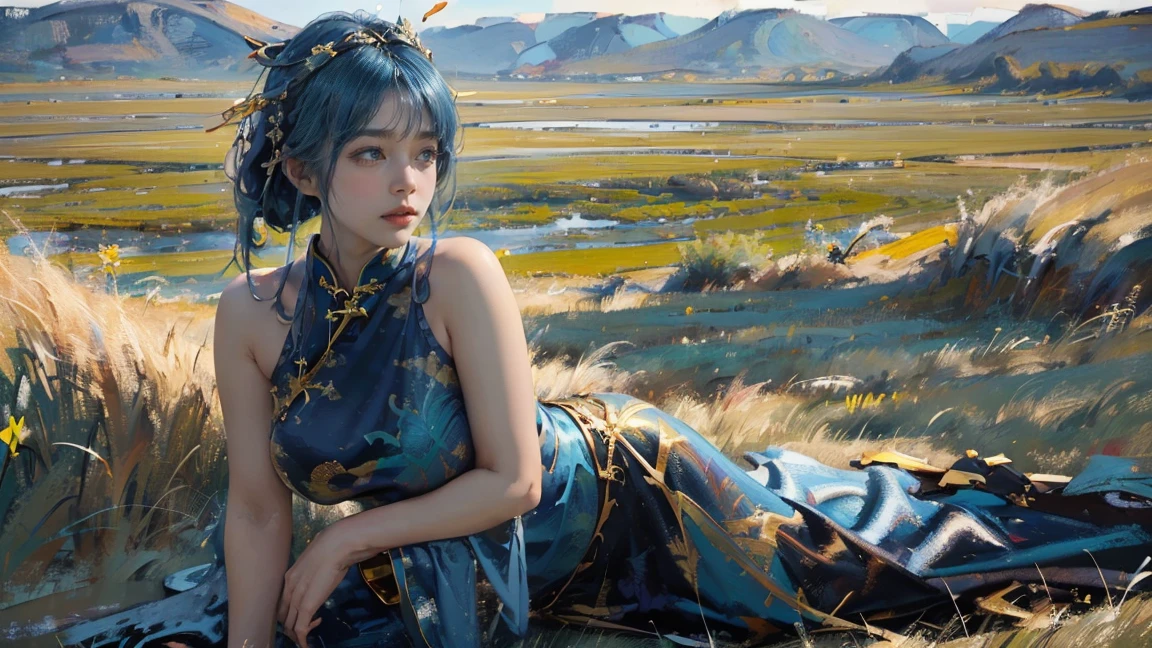 (The huge grassland in the background:1.5)，Oil painting style,The girl is on the other side,,Gold headdress，(Blue medium hair:1.2)，Late Night,(Blue cheongsam:1.2),(Metal:1.2),(Fat Face:1.2),(Upper body:1.),(Blue armlet:1.1),Crimson lips,With bangs