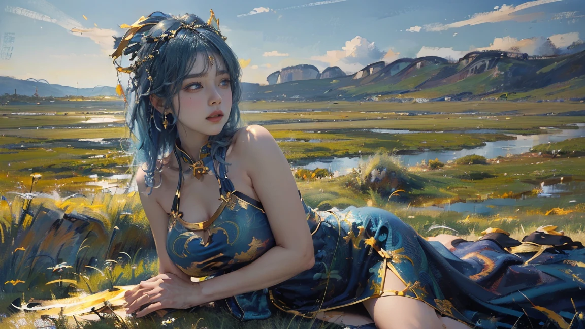 (The huge grassland in the background:1.5)，Oil painting style,The girl is on the other side,,Gold headdress，(Blue medium hair:1.2)，Late Night,(Blue cheongsam:1.2),(Metal:1.2),(Fat Face:1.2),(Upper body:1.),(Blue armlet:1.1),Crimson lips,With bangs